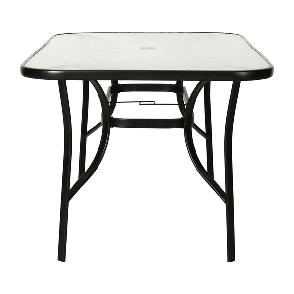 glass patio table with umbrella Flash Furniture Tory Commercial Grade Patio Table with Tempered Glass Top with Umbrella Hole and Steel Tube Frame, Clear Top/Black Frame