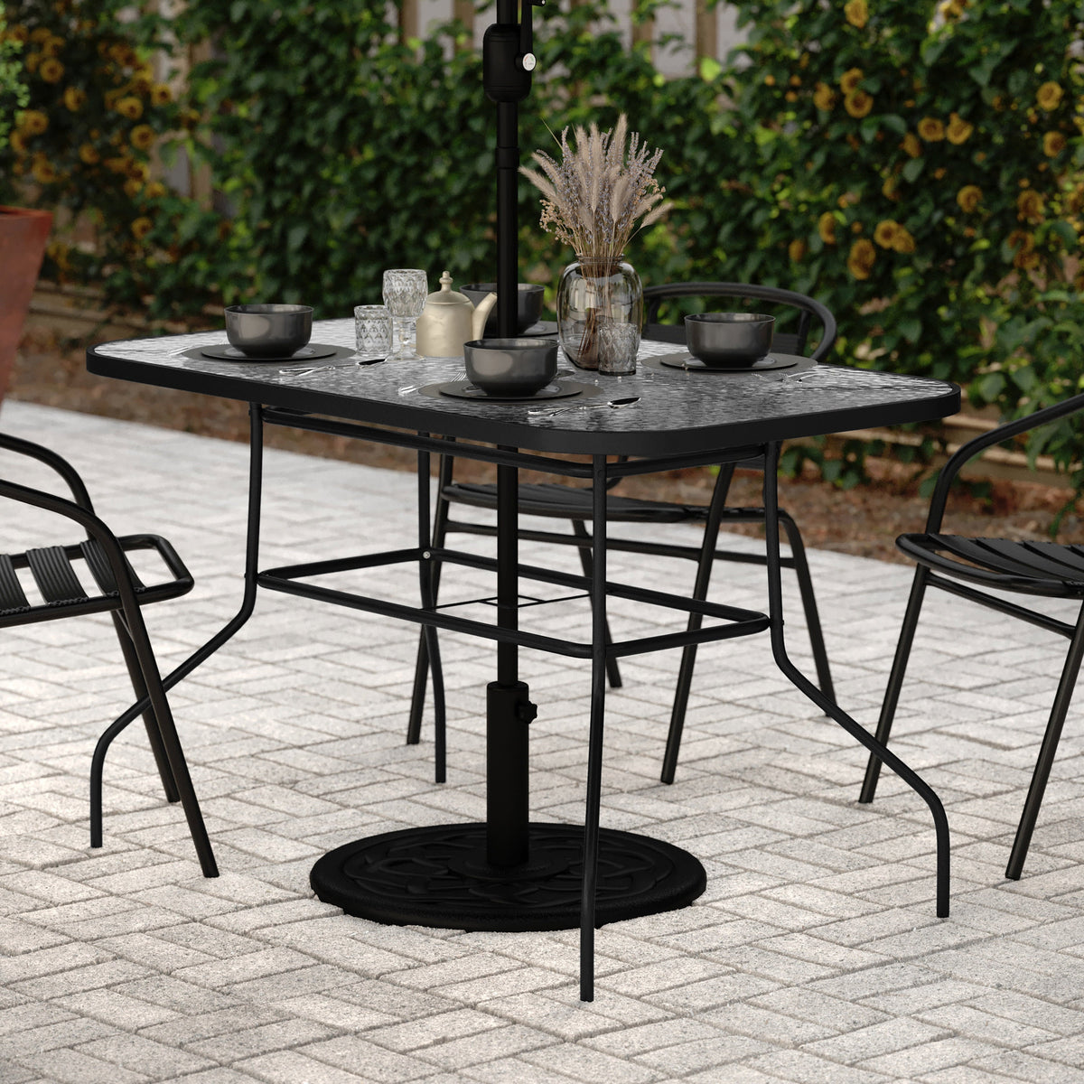 Clear Top/Black Frame |#| Commercial 47.25x27.5 Tempered Glass and Steel Patio Table - Umbrella Hole-Black