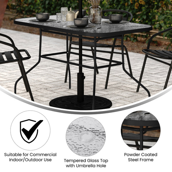 Clear Top/Black Frame |#| Commercial 47.25x27.5 Tempered Glass and Steel Patio Table - Umbrella Hole-Black