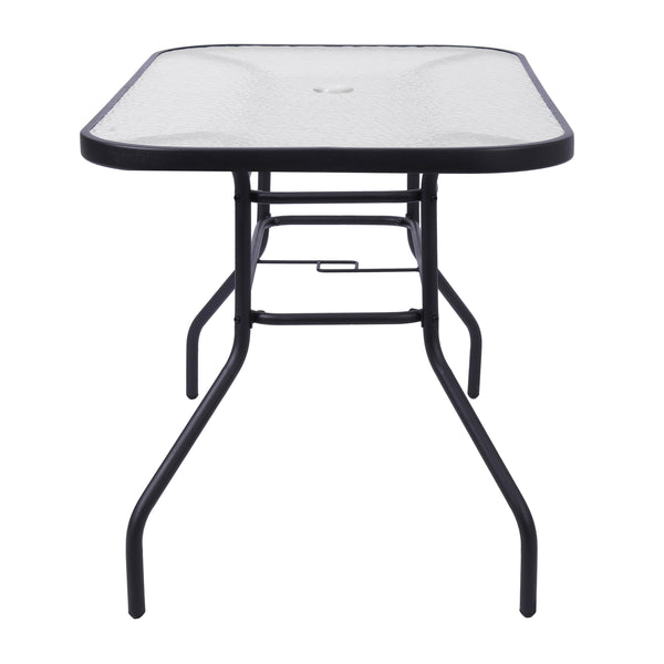 Clear Top/Black Frame |#| Commercial 47.25x27.5 Tempered Glass and Steel Patio Table - Umbrella Hole-Black