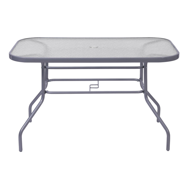 Clear Top/Silver Frame |#| Commercial 47.25x27.5 Tempered Glass and Steel Patio Table-Umbrella Hole-Silver