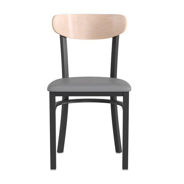 Walnut |#| Commercial Metal Dining Chair with Wood Seat and Boomerang Back - Walnut