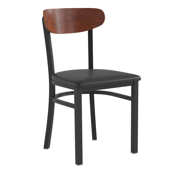 Walnut |#| Commercial Metal Dining Chair with Wood Seat and Boomerang Back - Walnut