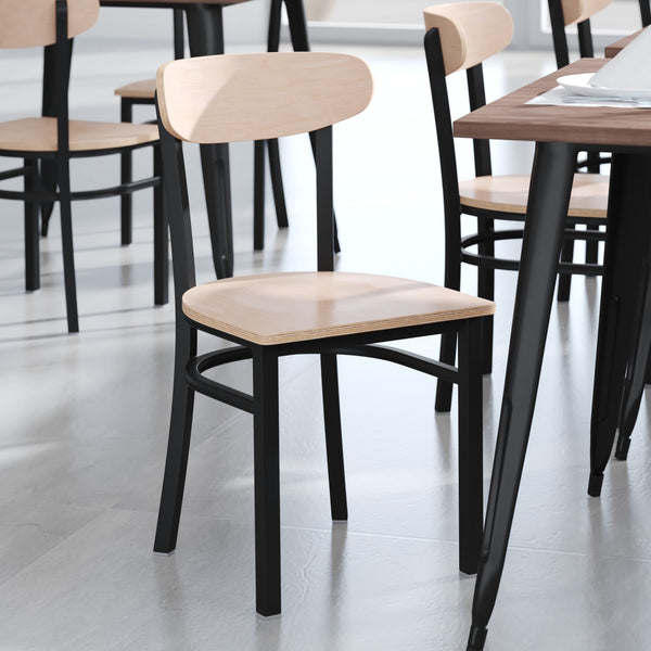 Natural Birch Wood Back/Black Vinyl Seat |#| Commercial Metal Dining Chair with Vinyl Seat-Wood Boomerang Back-Black/Natural