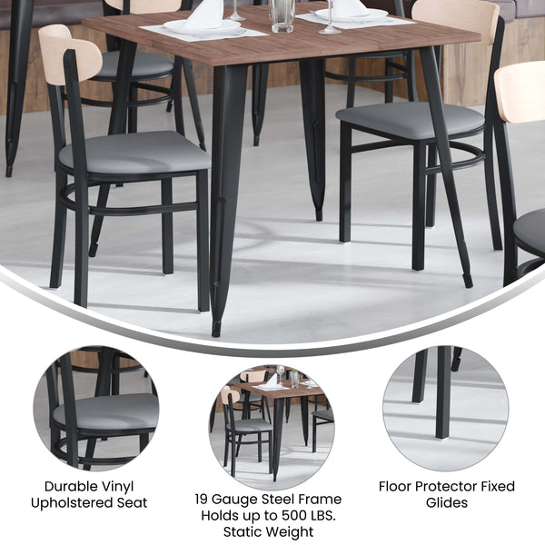 Walnut |#| Commercial Metal Dining Chair with Wood Seat and Boomerang Back - Walnut