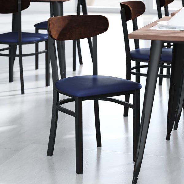 Walnut Wood Back/Black Vinyl Seat |#| Commercial Metal Dining Chair - Vinyl Seat - Wood Boomerang Back-Black/Walnut