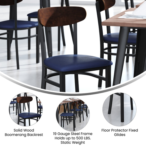 Walnut Wood Back/Black Vinyl Seat |#| Commercial Metal Dining Chair - Vinyl Seat - Wood Boomerang Back-Black/Walnut