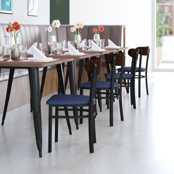 Walnut Wood Back/Black Vinyl Seat |#| Commercial Metal Dining Chair - Vinyl Seat - Wood Boomerang Back-Black/Walnut
