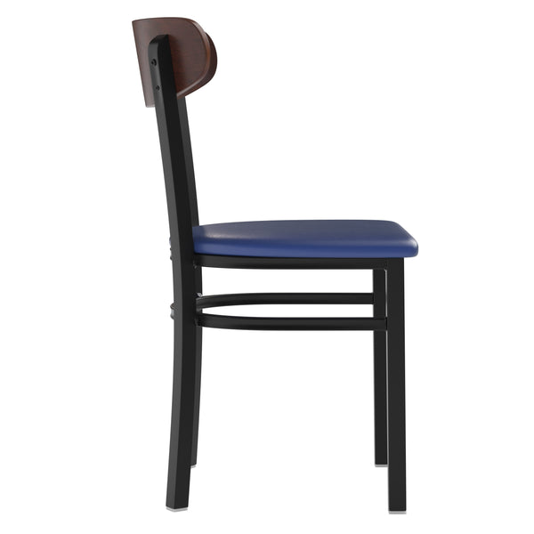Walnut Wood Back/Black Vinyl Seat |#| Commercial Metal Dining Chair - Vinyl Seat - Wood Boomerang Back-Black/Walnut