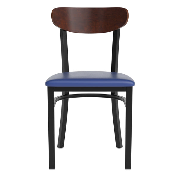 Walnut Wood Back/Black Vinyl Seat |#| Commercial Metal Dining Chair - Vinyl Seat - Wood Boomerang Back-Black/Walnut