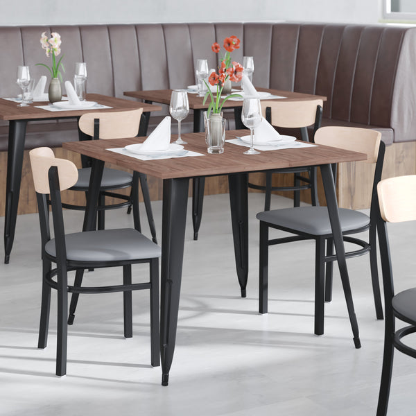 Walnut |#| Commercial Metal Dining Chair with Wood Seat and Boomerang Back - Walnut