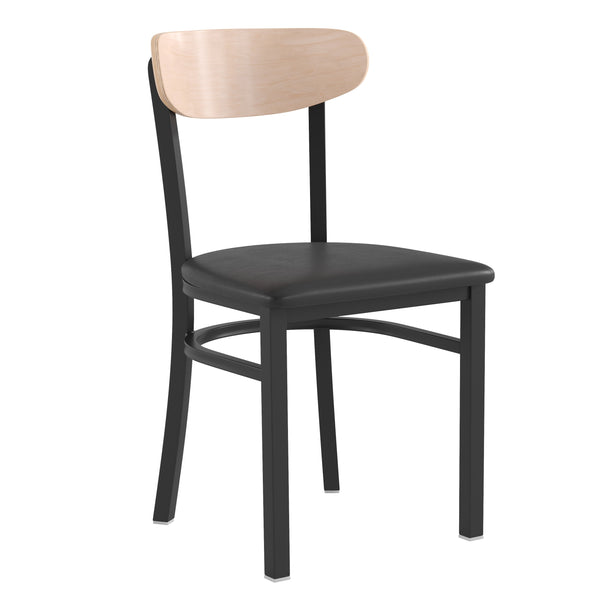 Walnut Wood Back/Black Vinyl Seat |#| Commercial Metal Dining Chair - Vinyl Seat - Wood Boomerang Back-Black/Walnut