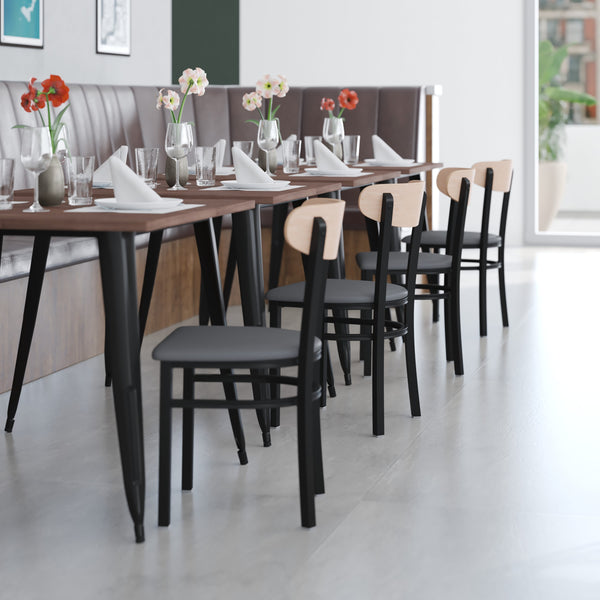 Walnut |#| Commercial Metal Dining Chair with Wood Seat and Boomerang Back - Walnut