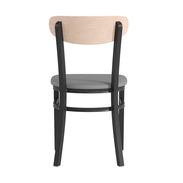 Walnut |#| Commercial Metal Dining Chair with Wood Seat and Boomerang Back - Walnut