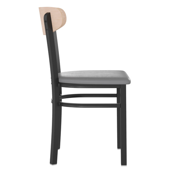 Walnut |#| Commercial Metal Dining Chair with Wood Seat and Boomerang Back - Walnut
