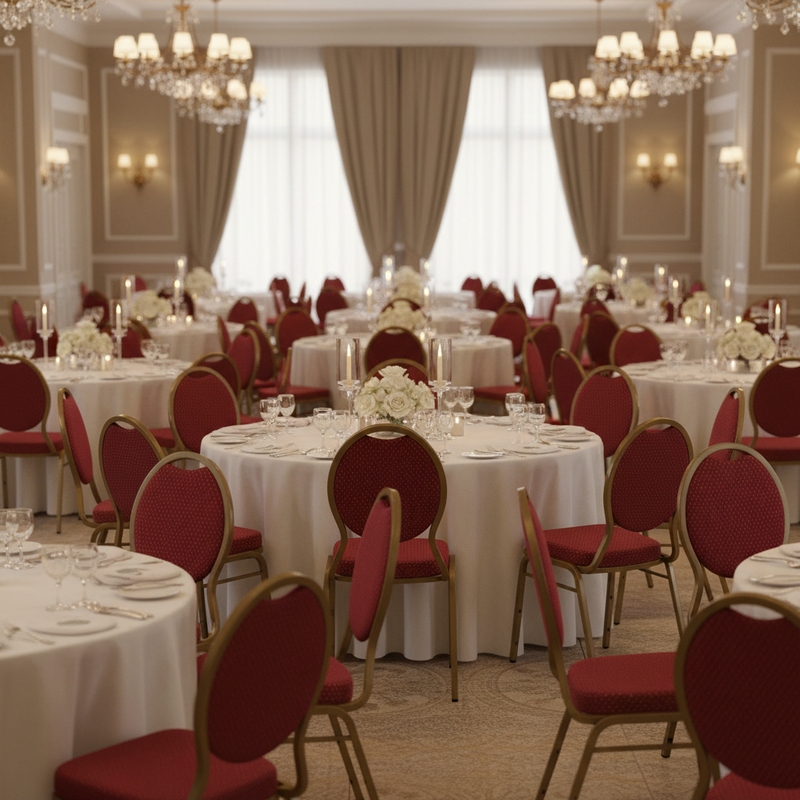 Banquet setting with HERCULES Series Teardrop Back Stacking Banquet Chair