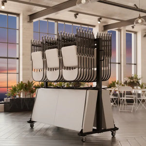 Rolling chair storage rack with white chairs in a modern indoor setting with large windows.